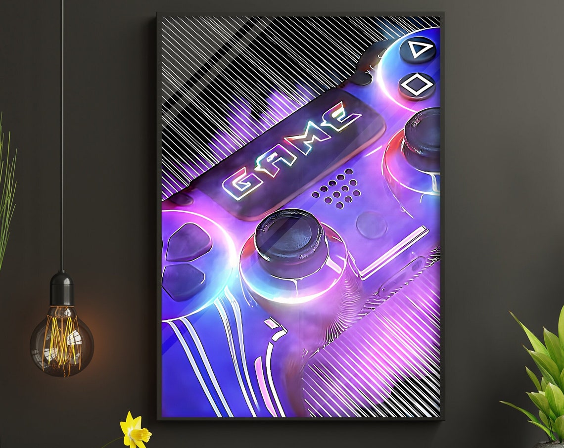Neon Game Word Glowing Purple Controller Vibrant Closeup Art Poster