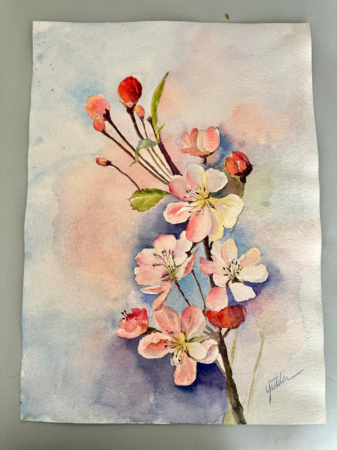 Pink Cherry Blossom Branch on Pastel Watercolor Spring Floral Poster - Image 2