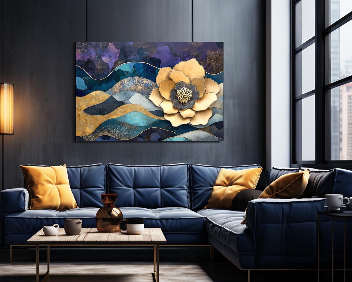 Luxury Gold 3D Flower Teal Purple Waves Glitter Floral Art Poster - Image 2