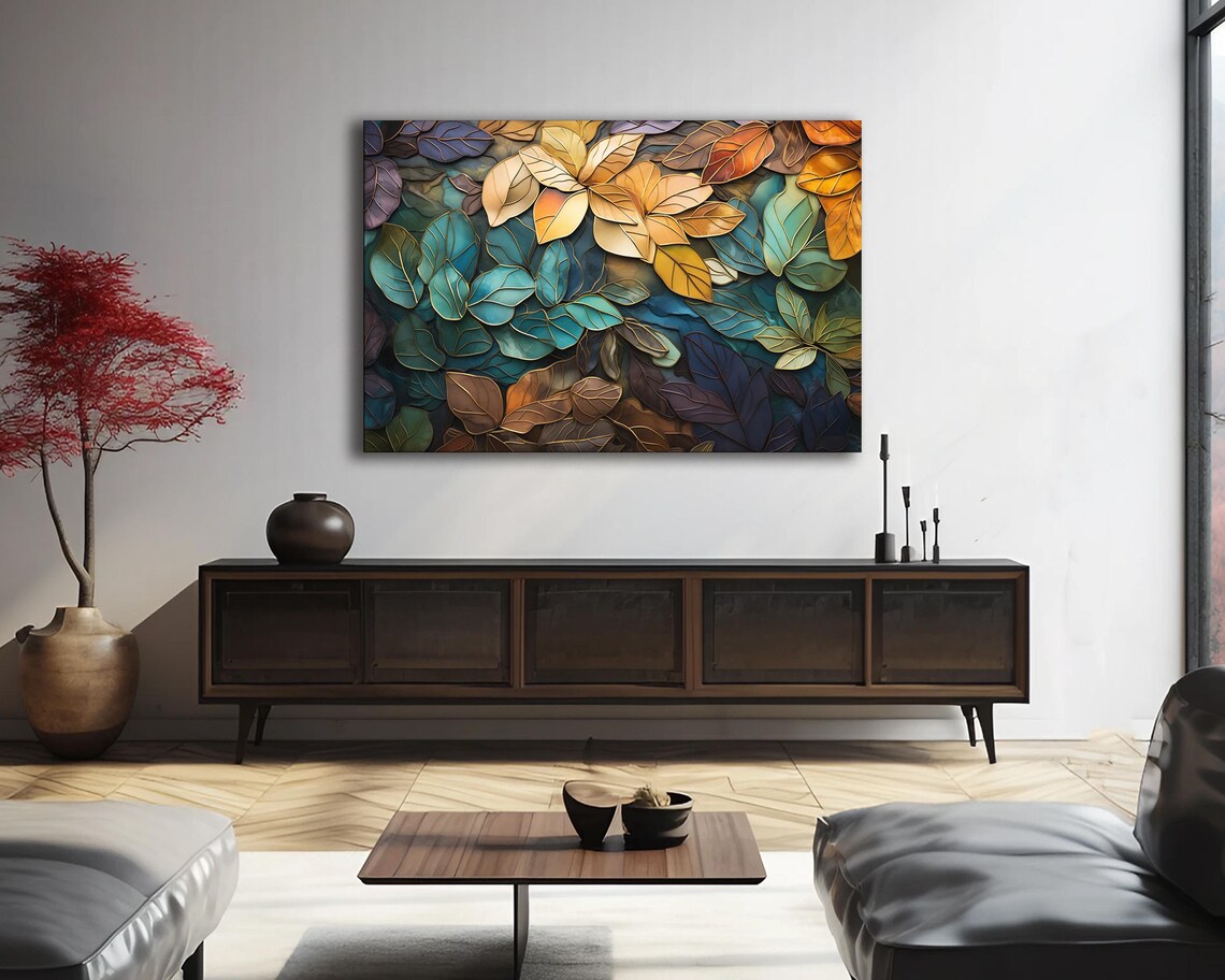 Abstract Leaf Art Print, Green Brown Gold Teal - Image 3