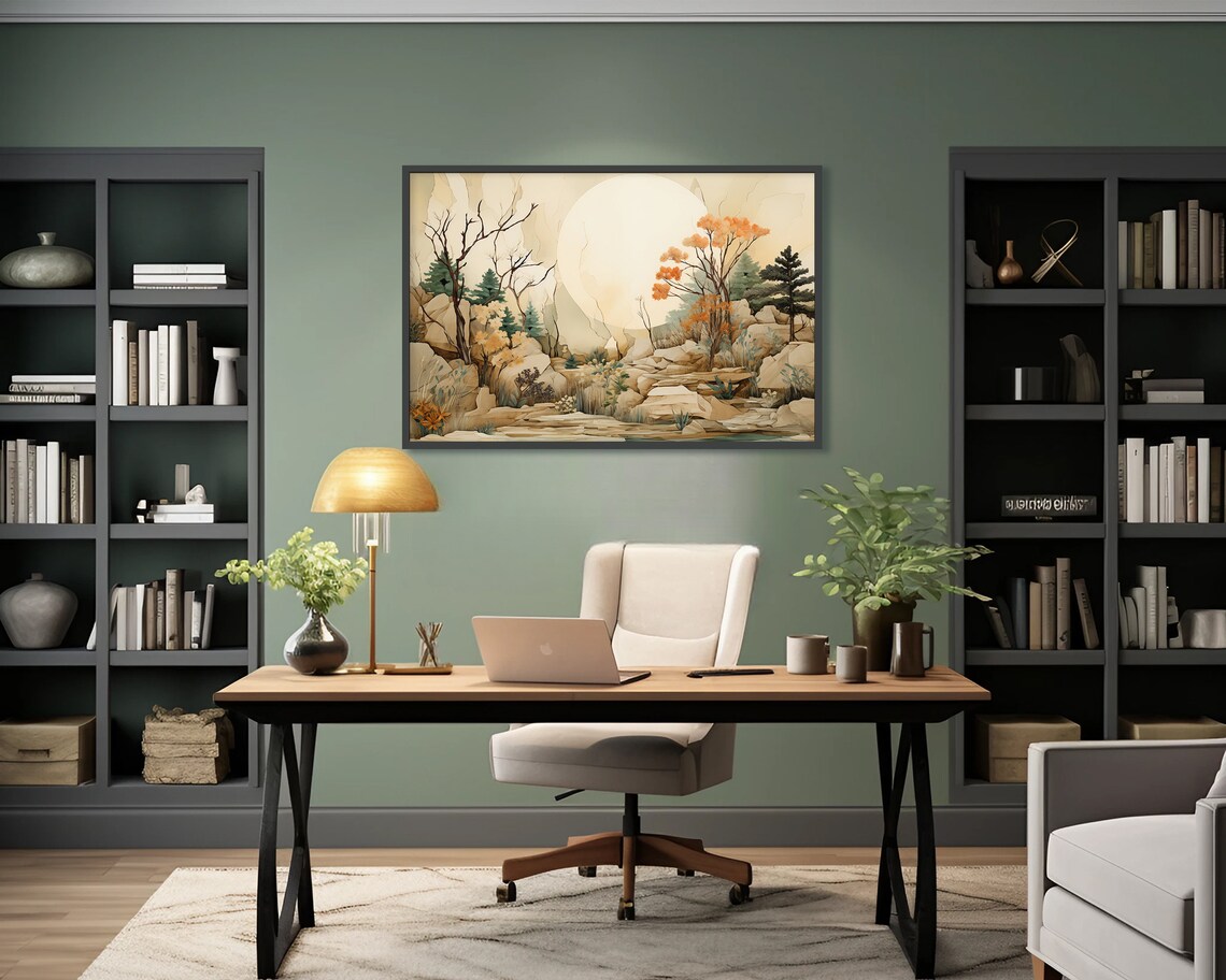 Neutral Japanese Style Rocky Landscape Pines Sun Beige Art Poster - Image 3