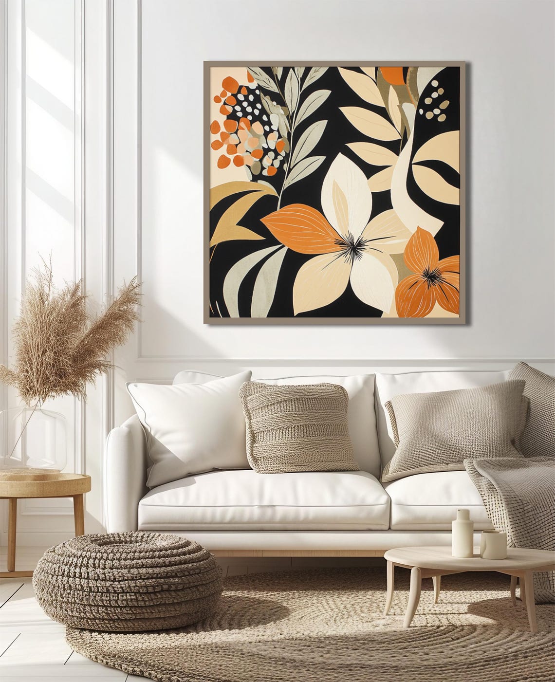 Modern Botanical Black Background Orange Cream Floral Abstract Poster - Image 4