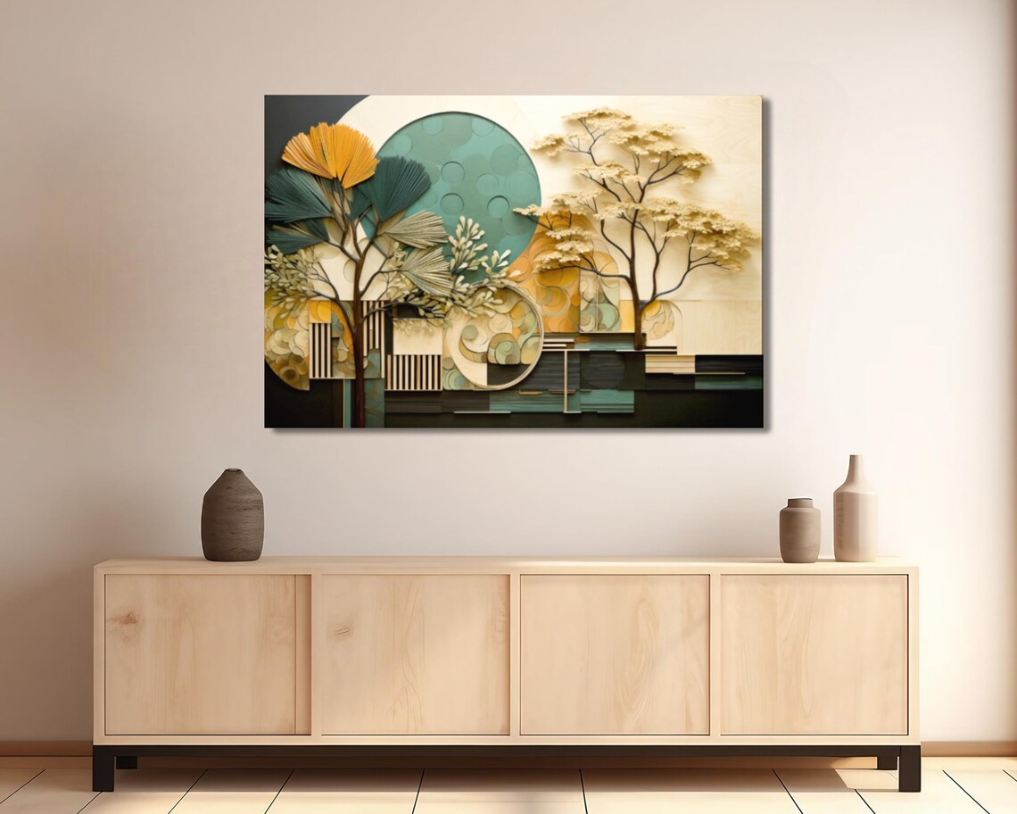 Teal Gold Geometric Trees Paper Cut Sun Art Deco Nature Poster - Image 2