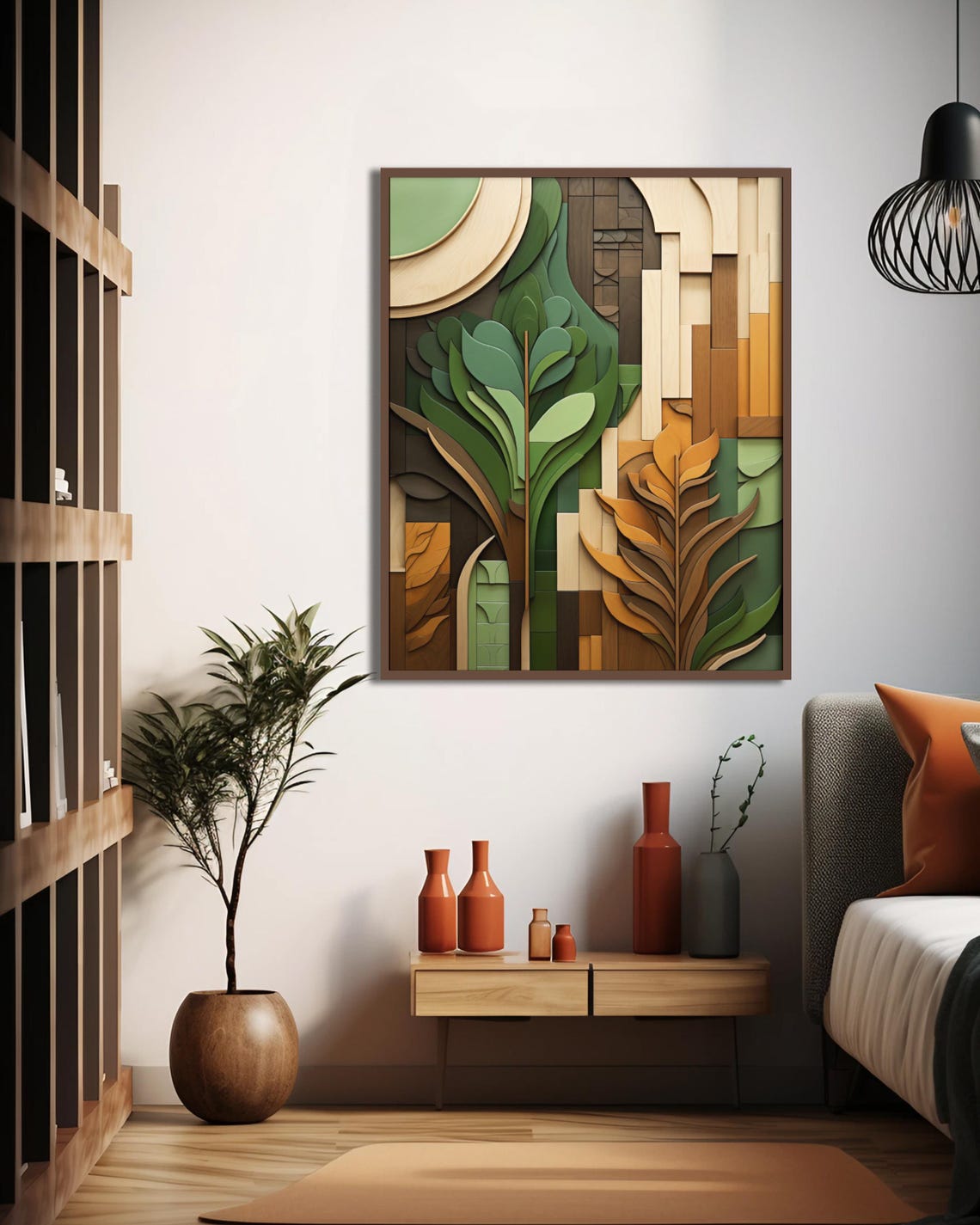 Boho Carved Wood Green Leaves Organic Abstract Nature Poster - Image 3