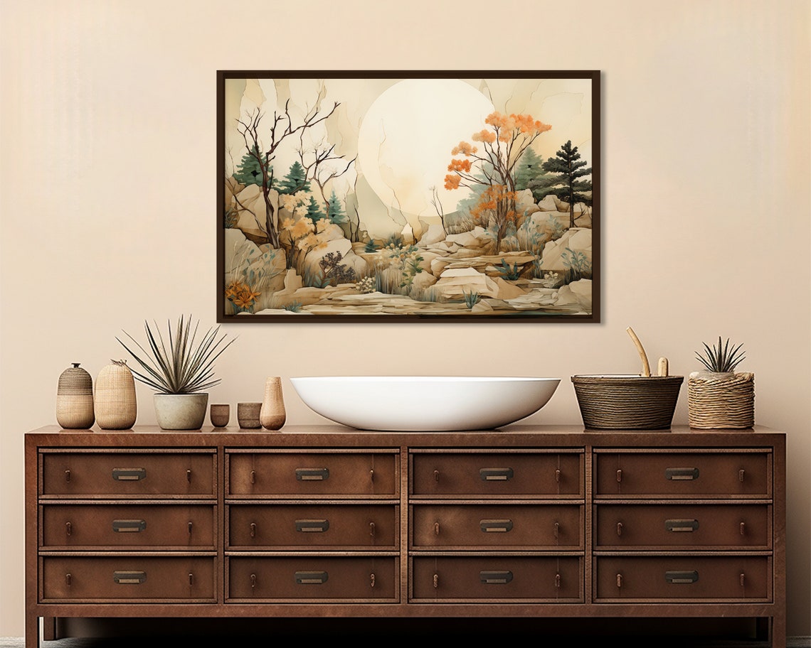 Neutral Japanese Style Rocky Landscape Pines Sun Beige Art Poster - Image 2