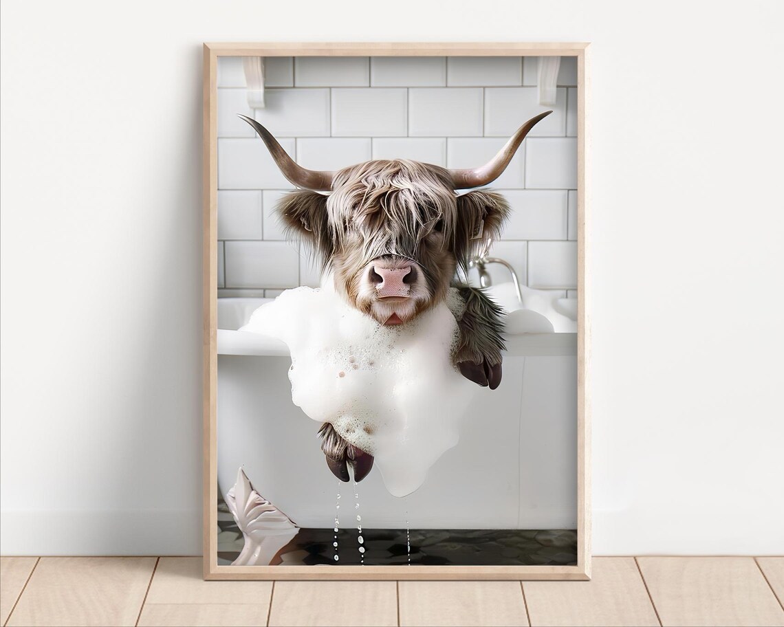 Funny Highland Cow Bubble Bath Poster, Quirky Decor