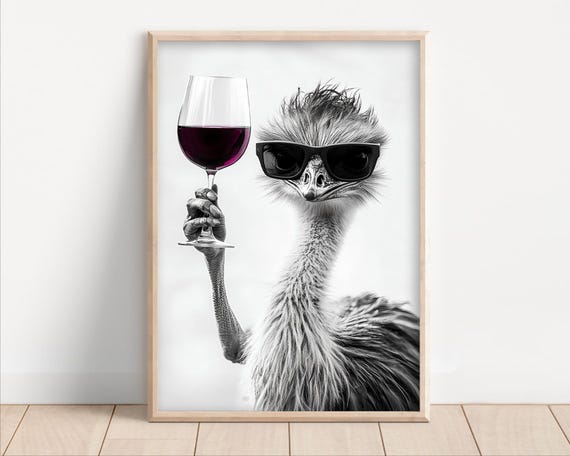 Emu Drinking Red Wine Poster Or Canvas Funny Kitchen Wall Art Retro Home Bar Decor Lovers Dining Room Print Cute Animal