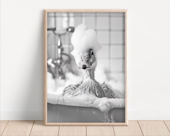 Duck Taking A Bath Poster Or Canvas Funny Bathroom Wall Art Animals In Bathtub Vintage Style Retro Photo Print Cute Decor