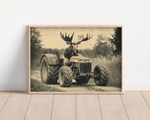 Moose Driving Vintage Tractor Country Road Sepia Funny Wall Art