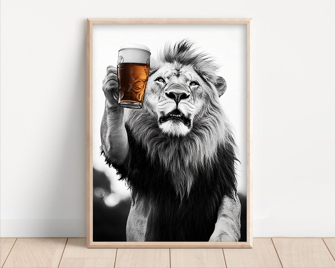 Lion Toasting With a Pint of Beer Funny Black and White Wall Art