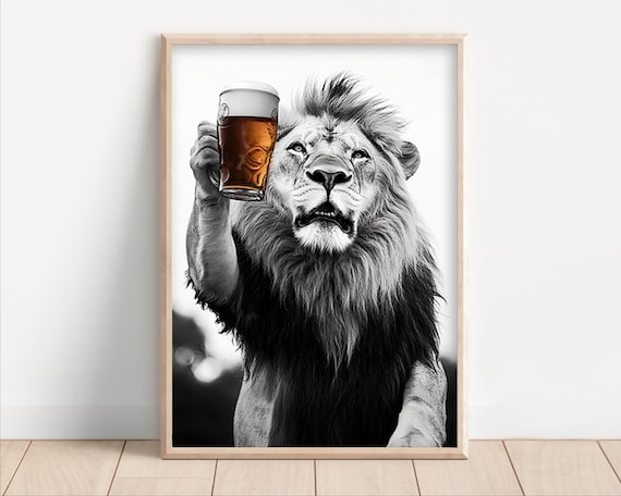 Lion Drinking Beer Poster Or Canvas Funny Kitchen Wall Art Home Bar Man Cave Garage Decor Lover Dining Room Print Animal Photo