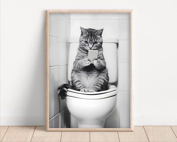 Cat Sitting On The Toilet, Vintage Bathroom Wall Art