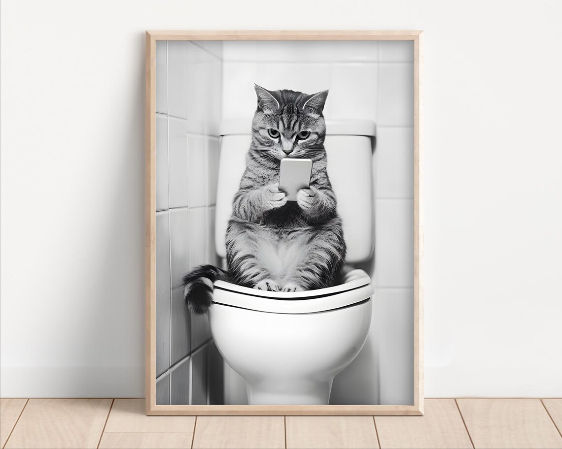 Cat Sitting On The Toilet, Vintage Bathroom Wall Art