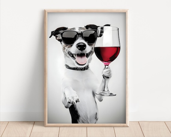 Jack Russell Terrier Drinking Wine Wearing Sunglasses Poster Or Canvas Lover Decor Funny Kitchen Wall Art Dog Dining Room