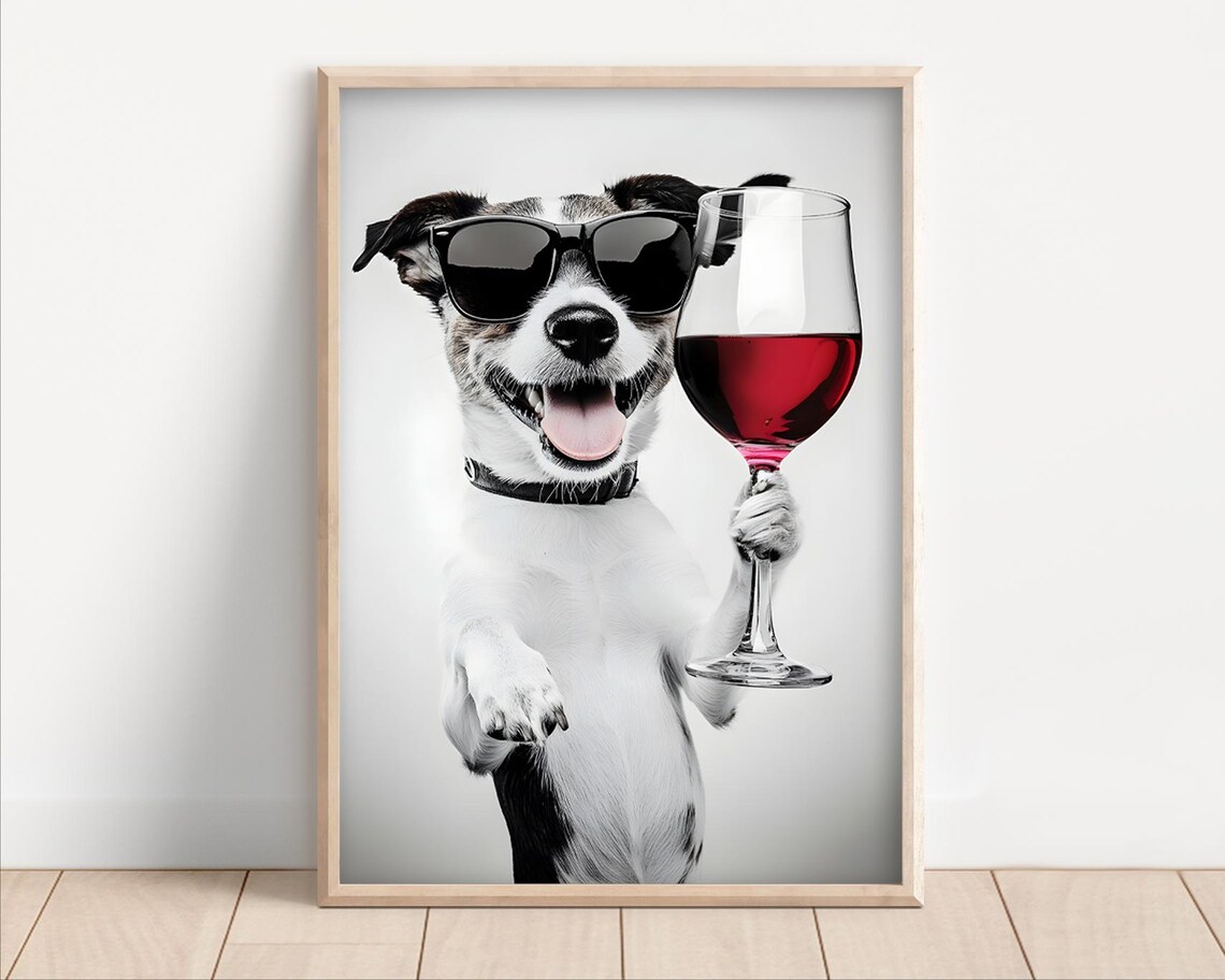 Jack Russell Terrier Drinking Wine Wearing Sunglasses Poster Or Canvas Lover Decor Funny Kitchen Wall Art Dog Dining Room