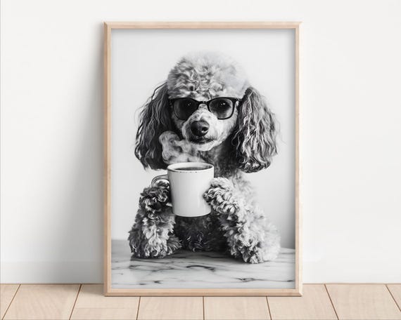 Poodle Dog Drinking Coffee Wearing Glasses Poster Or Canvas Funny Kitchen Wall Art Lover Humor Cute Animal Decor Lovers