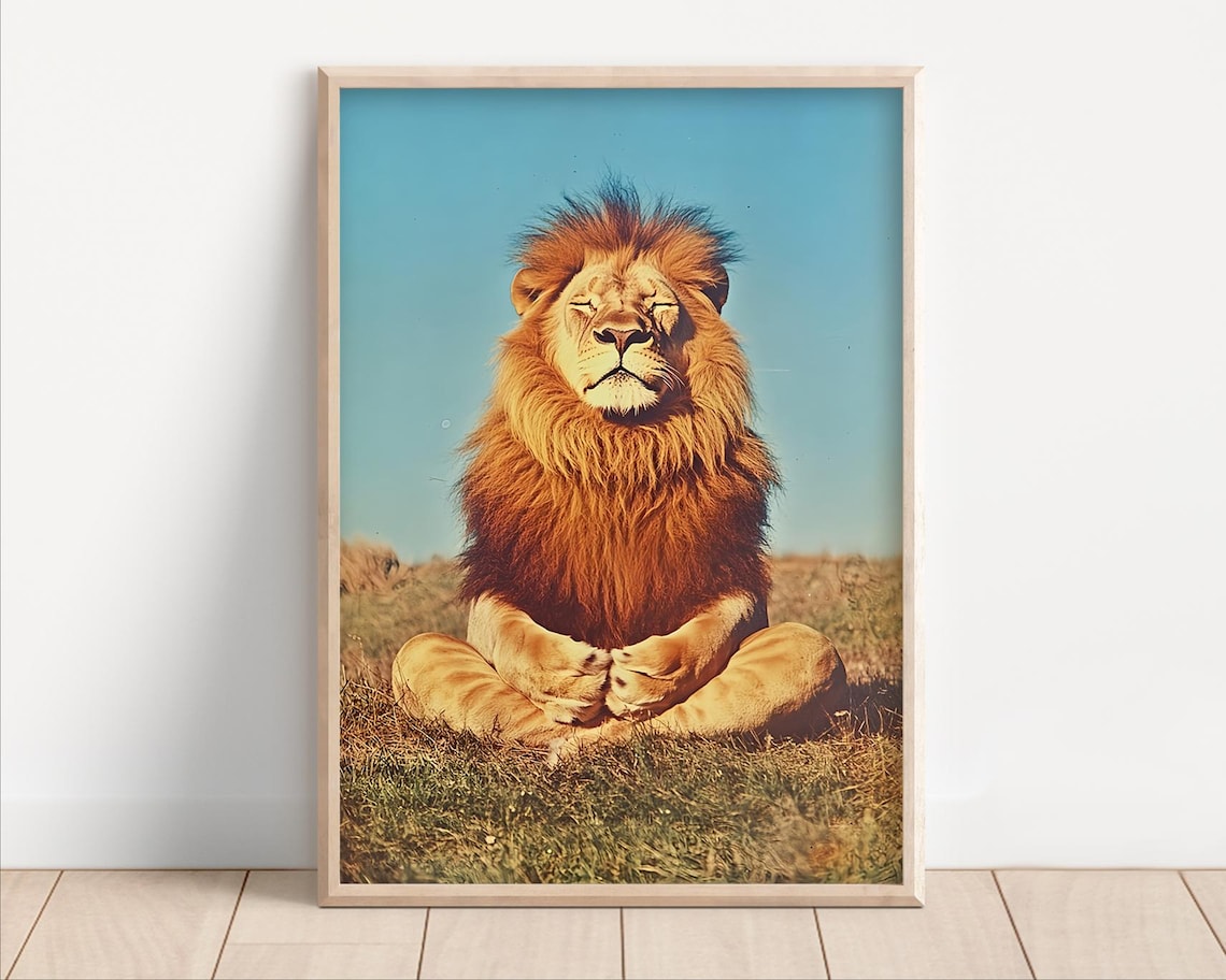 Meditating Lion Zen Yoga Funny Retro Wildlife Photography Wall Art