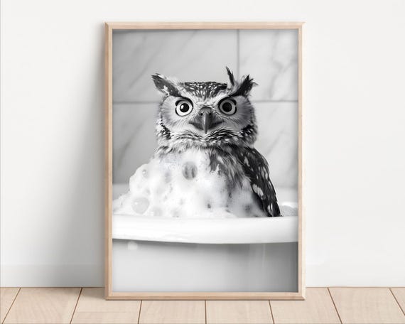 Owl Taking A Bubble Bath Poster Or Canvas Funny Bathroom Wall Art Animals In Bathtub Cute Laundry Room Decor Print