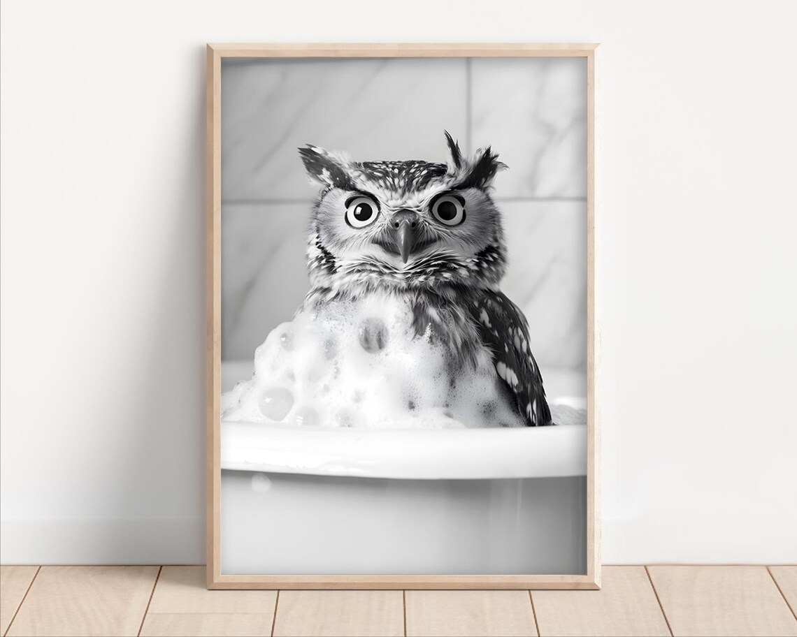 Owl Taking A Bubble Bath Poster Or Canvas Funny Bathroom Wall Art Animals In Bathtub Cute Laundry Room Decor Print