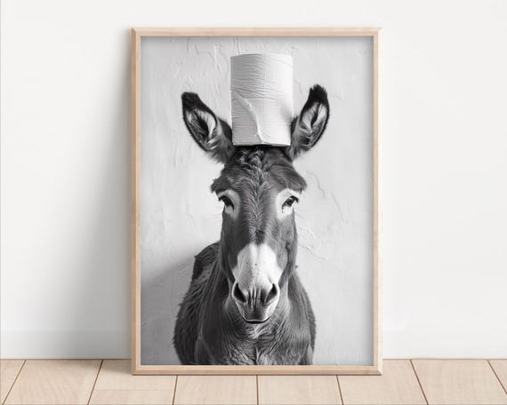 Donkey With Toilet Paper On Poster Or Canvas Funny Bathroom Wall Art Kids Laundry Room Decor Animal Humor Photo Cute Print