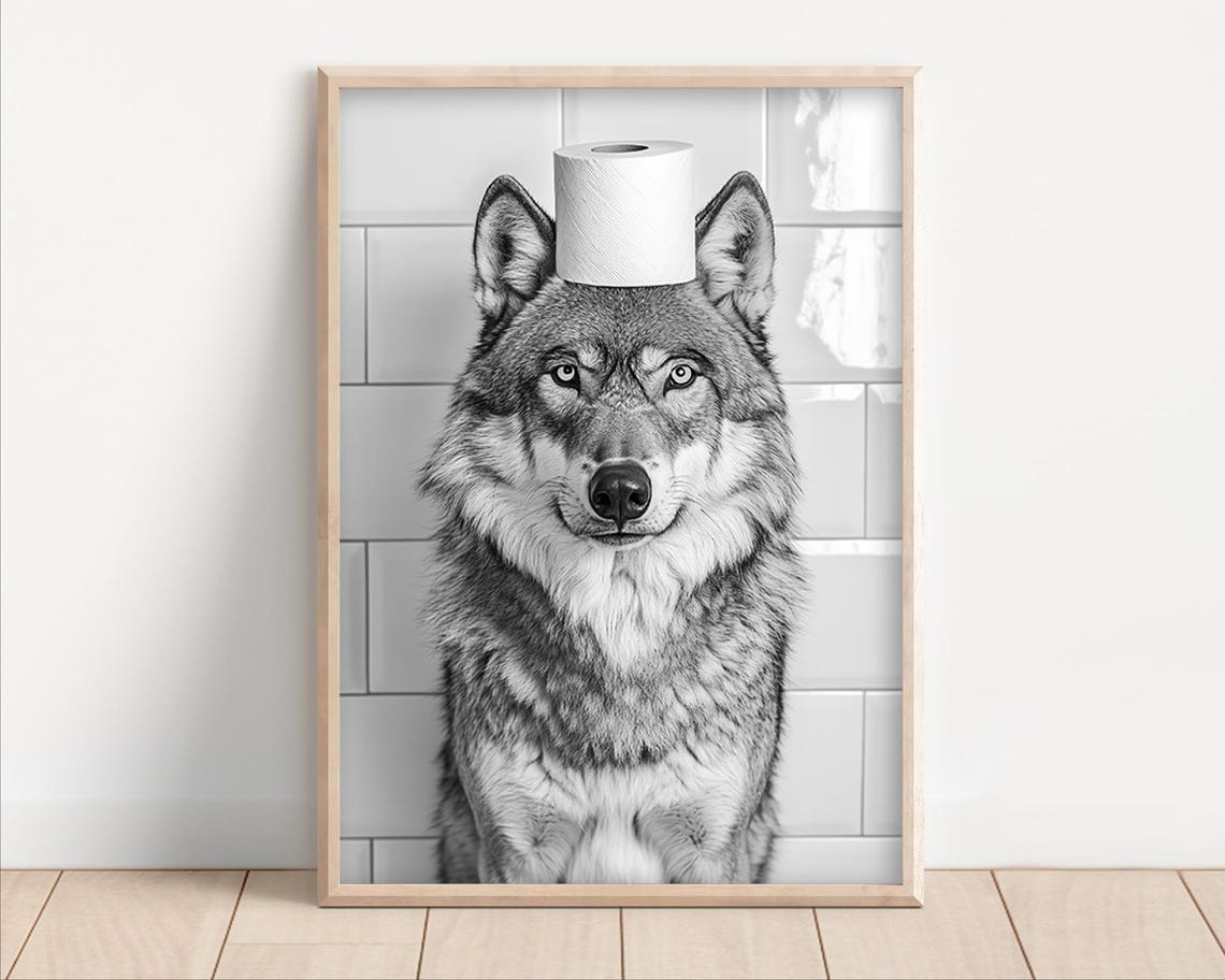 Funny Wolf Balancing Toilet Paper Roll On Head Bathroom Poster
