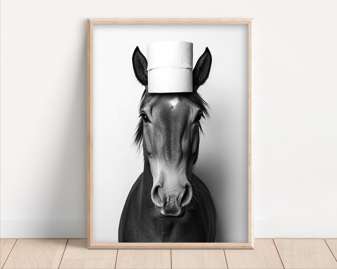 Funny Horse with Toilet Paper Rolls Balanced on Head Bathroom Poster
