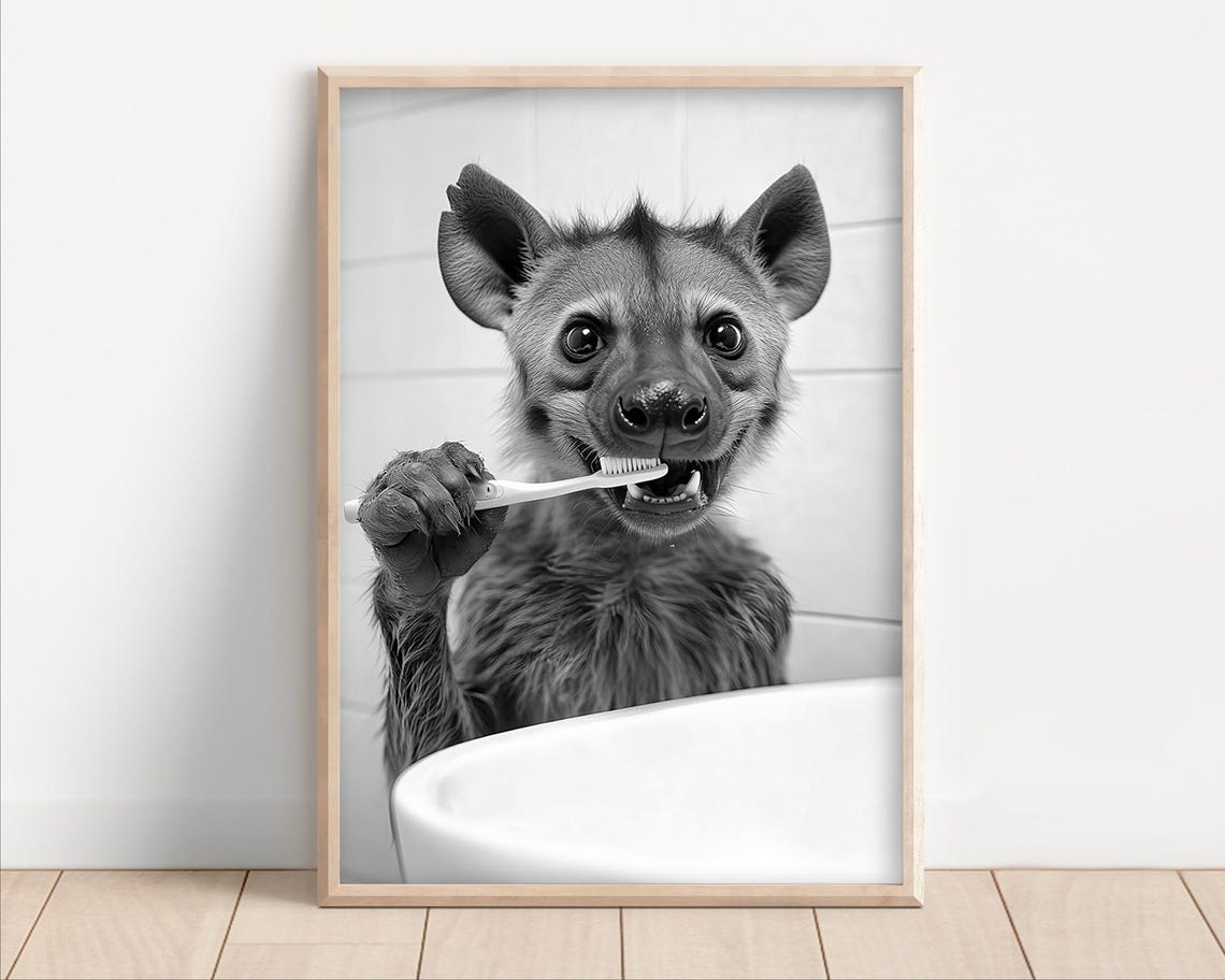 Funny Hyena Pup Brushing Teeth In Bathtub Black And White Poster