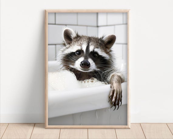 Funny Raccoon In Bubble Bath Wall Art Animals Bathtub Poster Canvas Quirky Laundry Room Decor Cute Kids Humor Print Home Spa