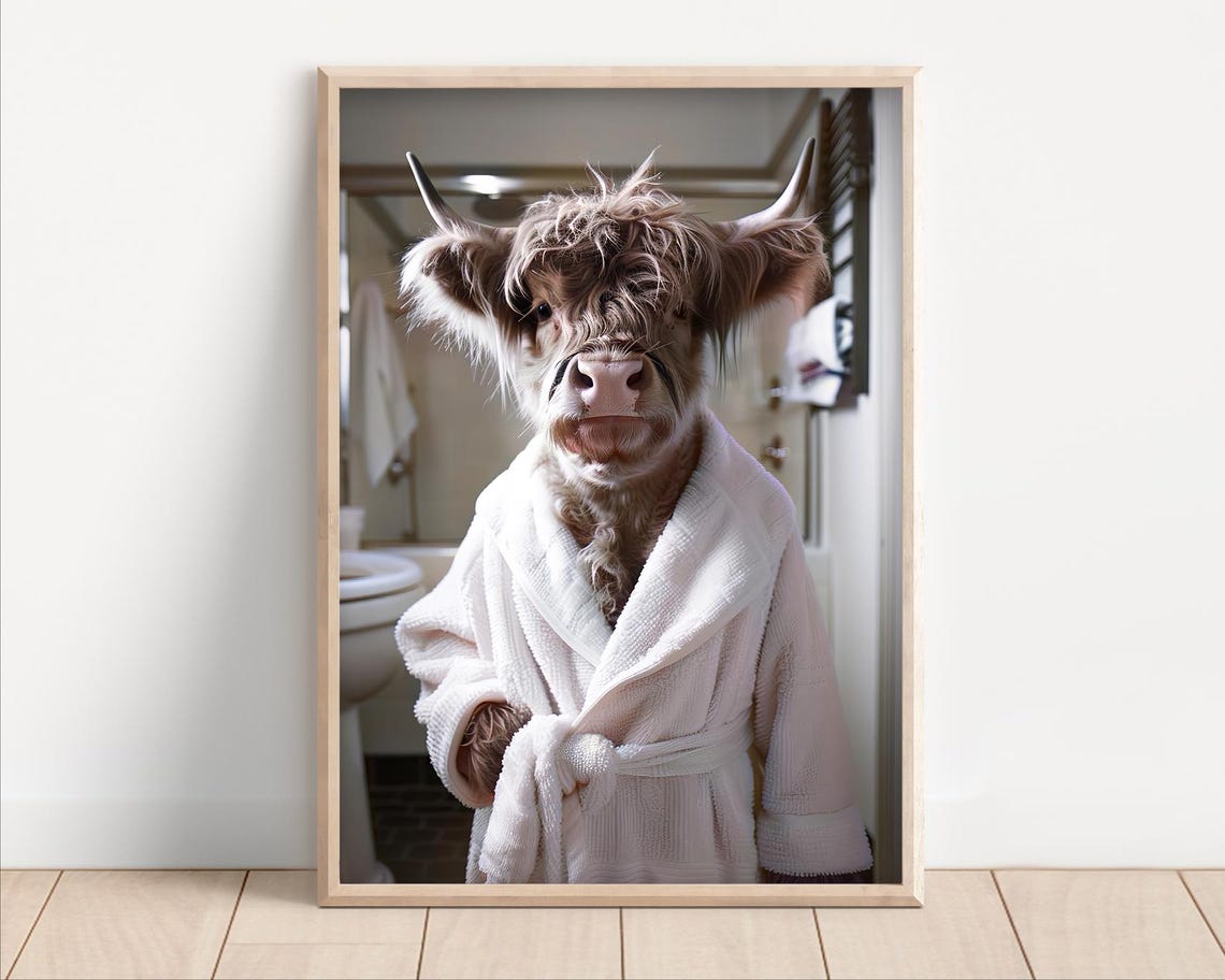 Funny Shaggy Highland Cow Wearing White Bathrobe Bathroom Poster