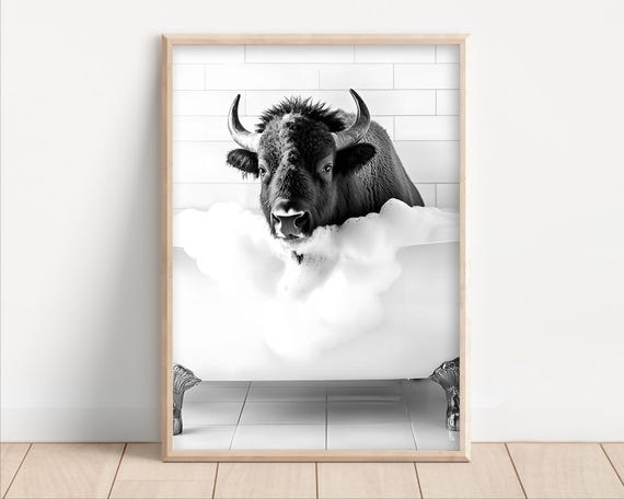 Bison Taking A Bubble Bath Poster Or Canvas Funny Bathroom Wall Art Animals In Bathtub Cute Kids Laundry Room Decor Print