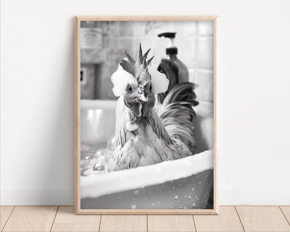 Chicken Taking A Bath Poster Or Canvas Funny Bathroom Wall Art Animals In Bathtub Vintage Style Retro Print Cute Decor