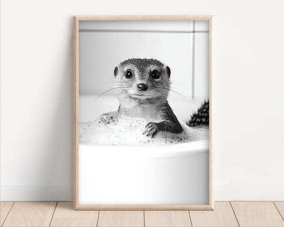 Mongoose Taking A Bubble Bath Poster Or Canvas Funny Bathroom Wall Art Animals In Bathtub Cute Laundry Room Decor Print