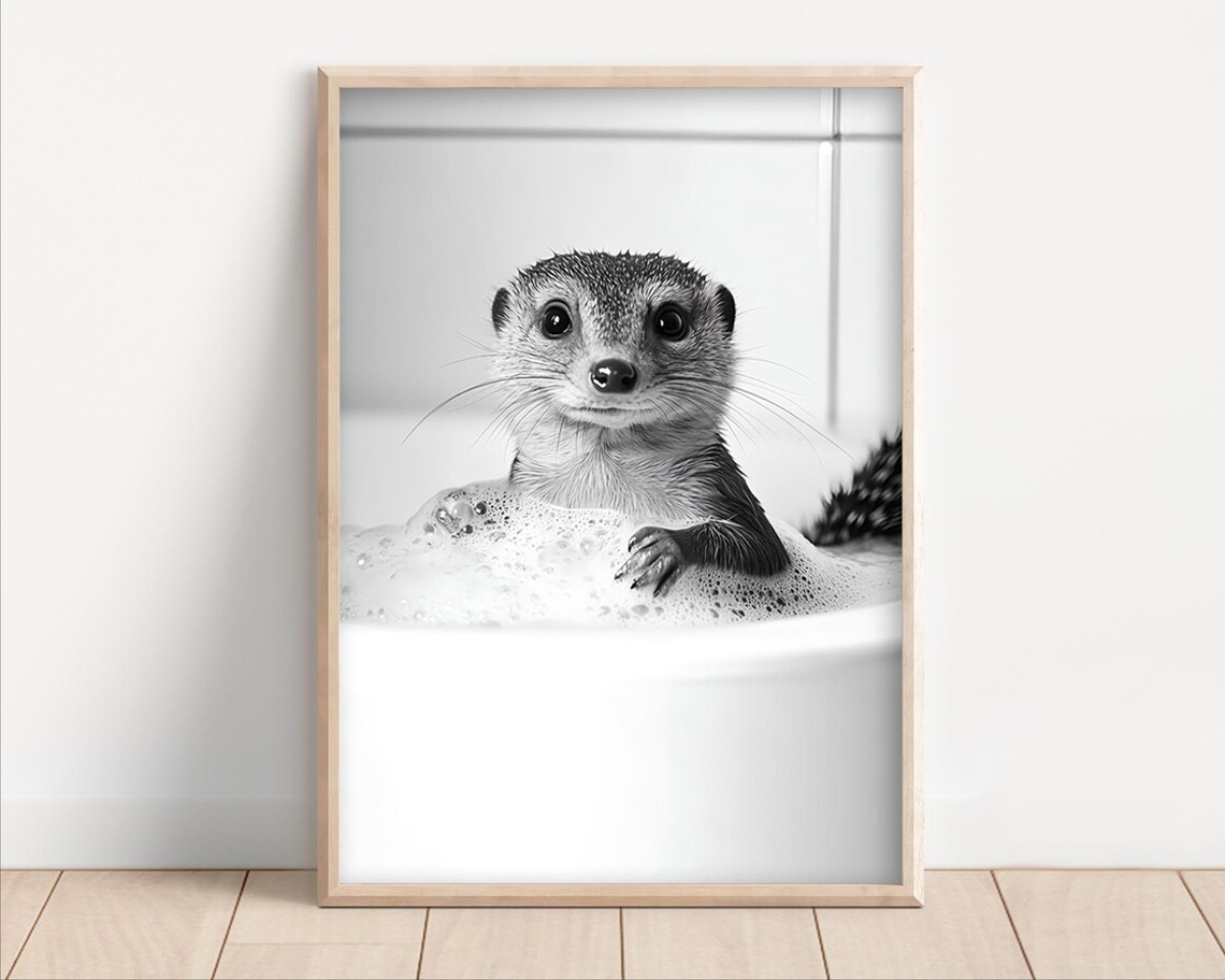 Mongoose Taking A Bubble Bath Poster Or Canvas Funny Bathroom Wall Art Animals In Bathtub Cute Laundry Room Decor Print