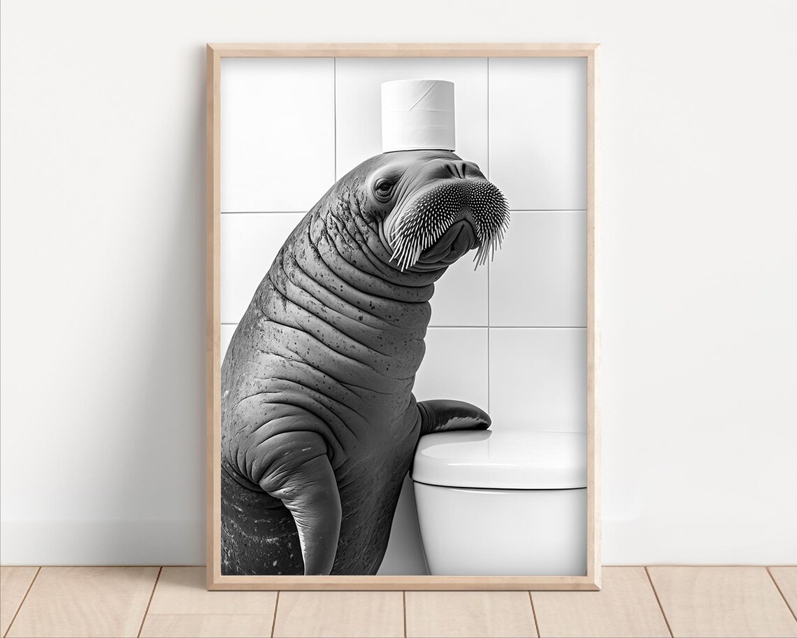 Funny Walrus Bathroom Animal Humor Toilet Paper Hat Photo Poster