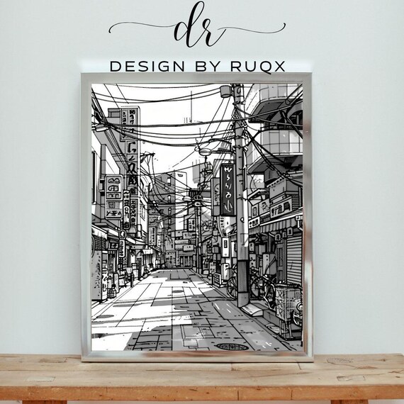 Black And White Japanese Street Anime Manga Cityscape Poster