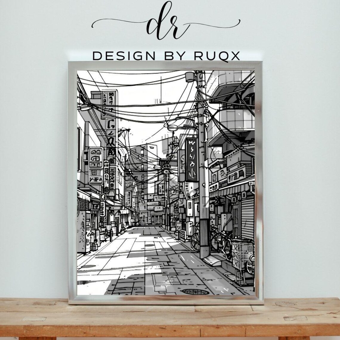 Black And White Japanese Street Anime Manga Cityscape Poster