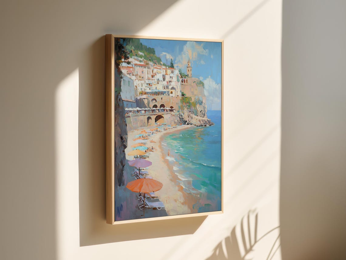 Amalfi Style Coastal Town Beach Painting Turquoise Water Wall Art - Image 3