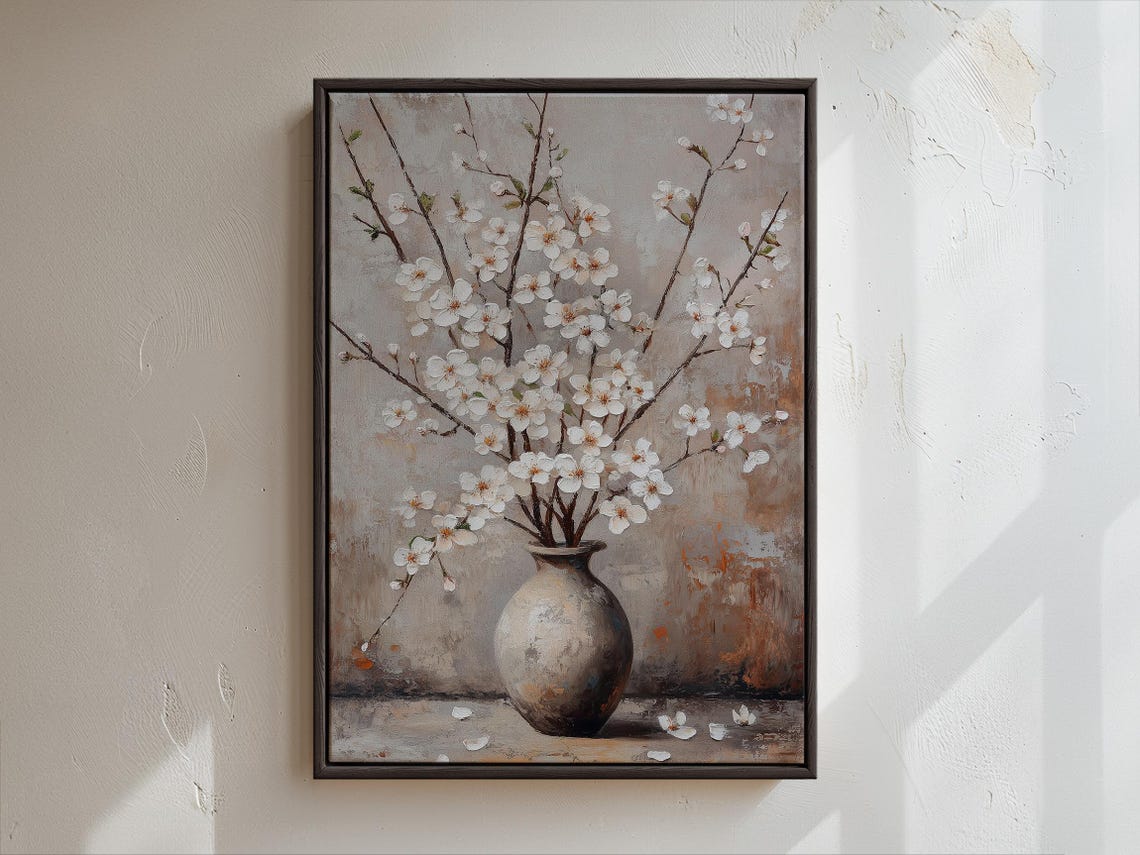 Elegant White Cherry Blossom Branches in Rustic Vase Still Life Poster - Image 3