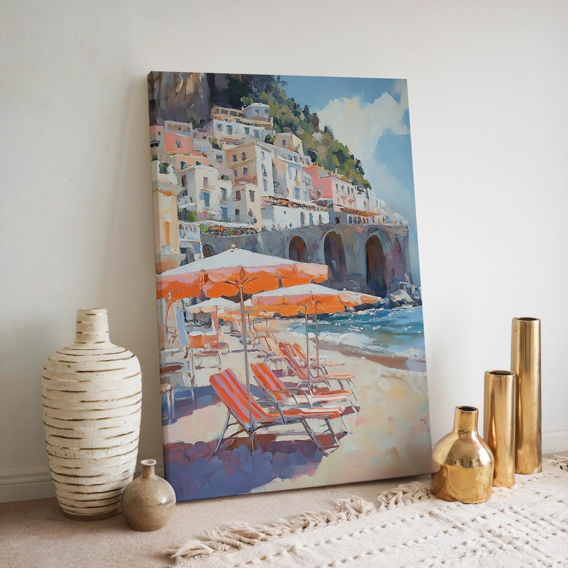 Sunny Italian Coastal Town Beach Painting Orange Umbrellas Wall Art - Image 5