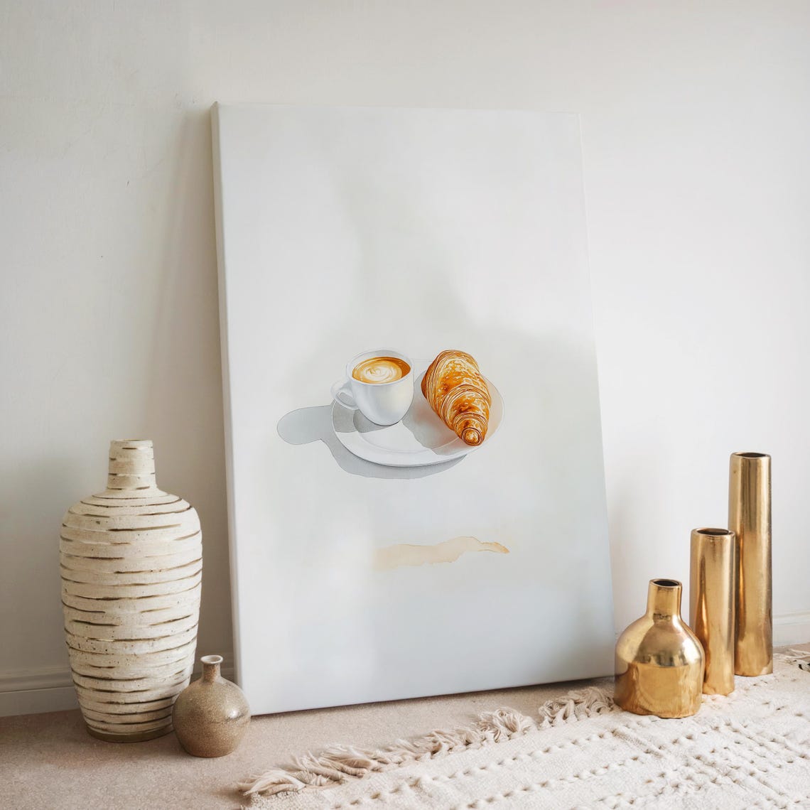 Cozy Watercolor Latte and Golden Croissant Breakfast Art Poster