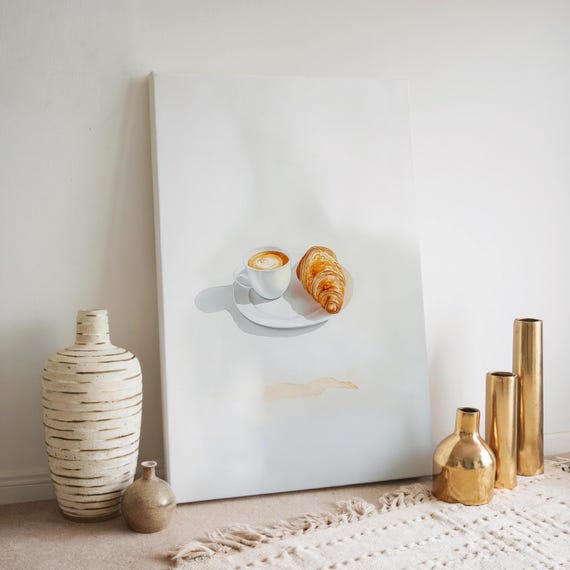 Watercolor Food Wall Art Croissant And Coffee Painting Breakfast Wall Art Cozy Morning Wall Decor Minimalist Kitchen Decor
