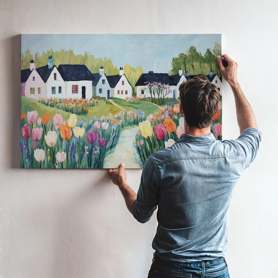 White Cottages and a Tulip Garden Path Countryside Landscape Poster - Image 3