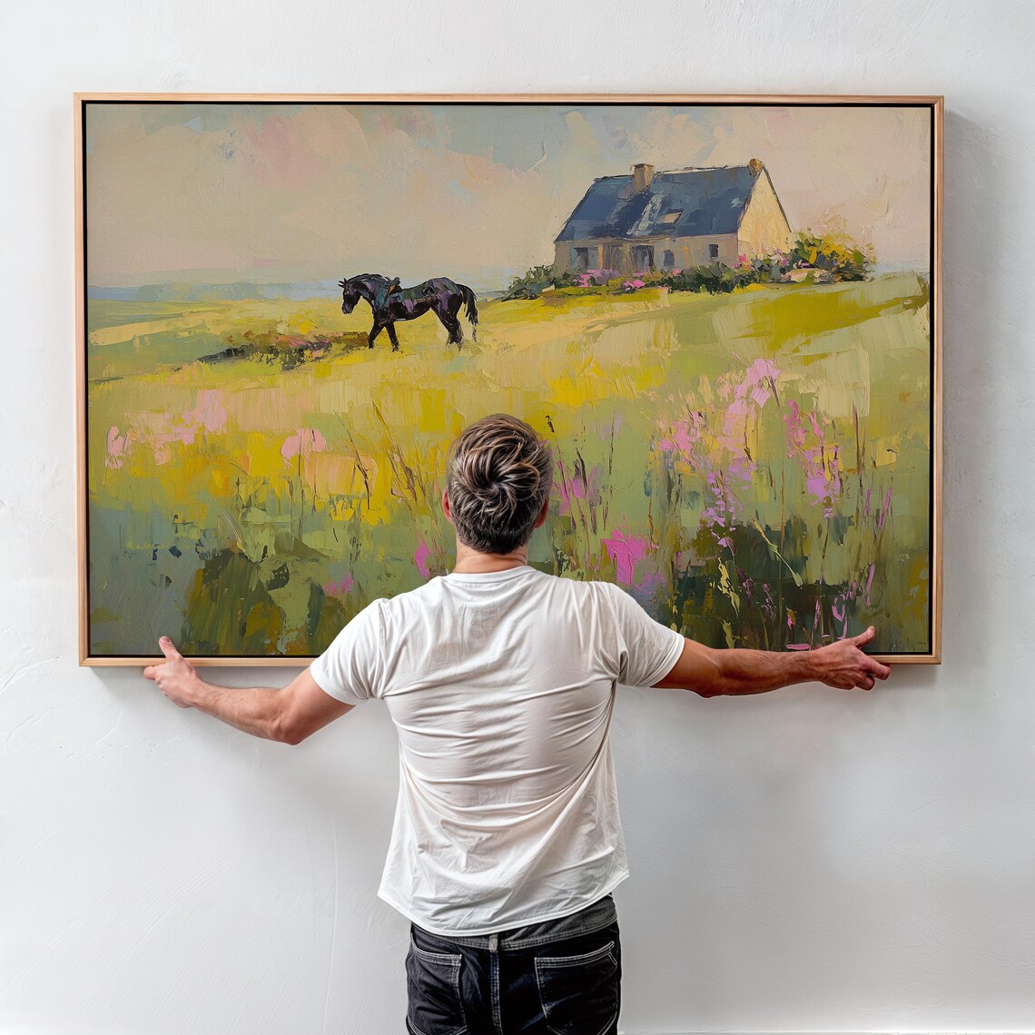 Black Horse by a Stone Cottage in a Sunny Flower Meadow Poster - Image 3
