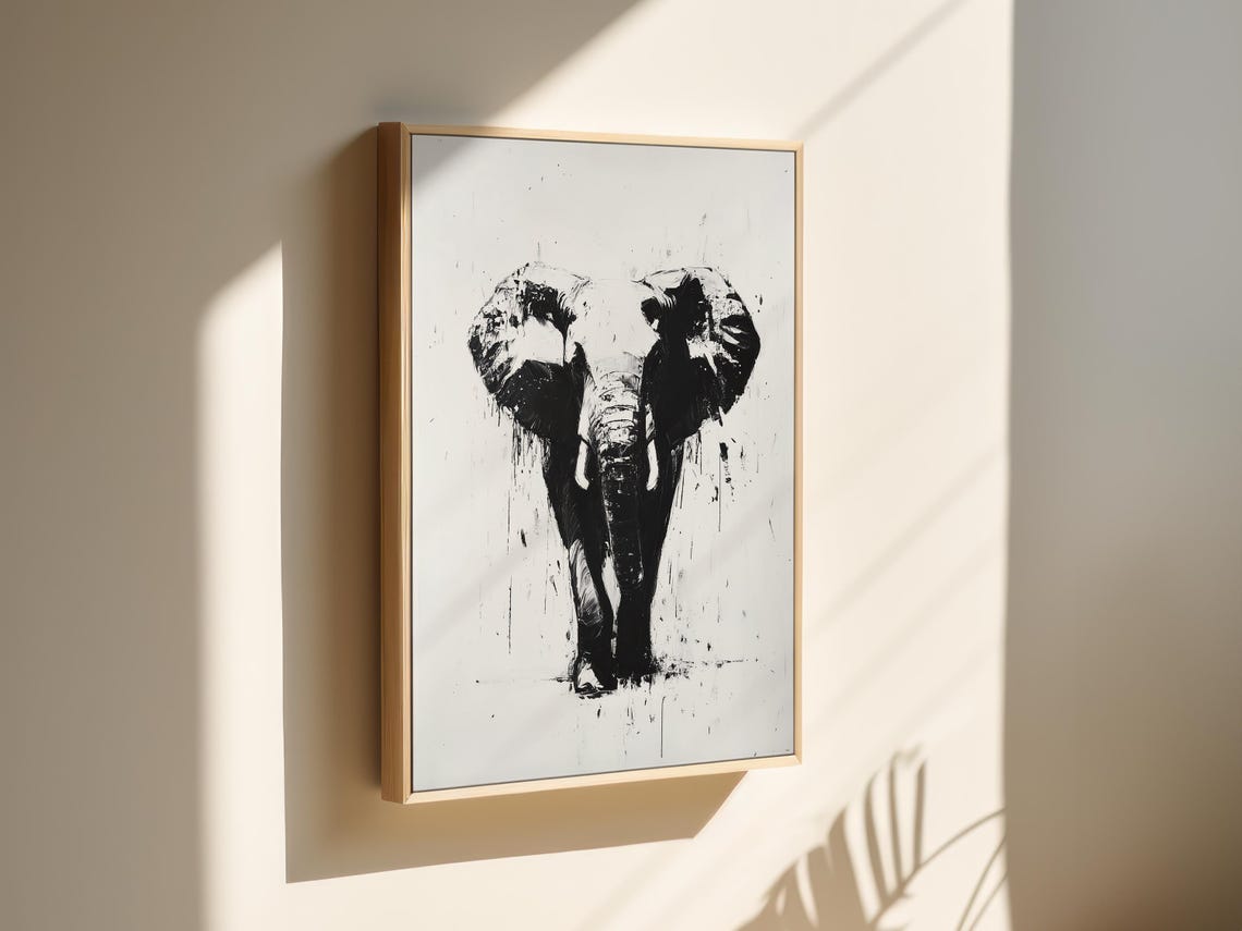 Striking Abstract Black and White Elephant Head Modern Art Poster - Image 2