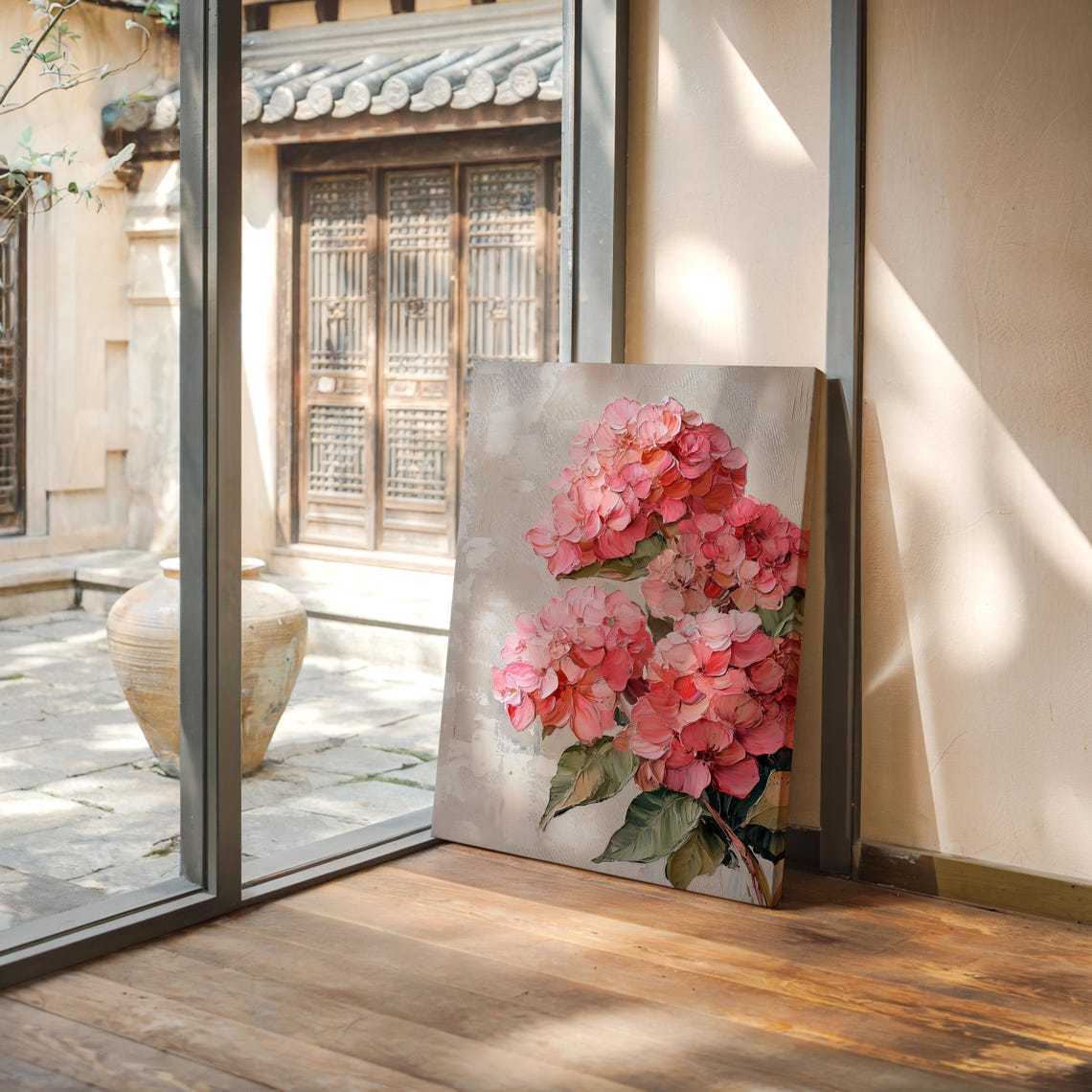 Vibrant Pink Coral Hydrangea Blooms Textured Floral Art Poster - Image 3