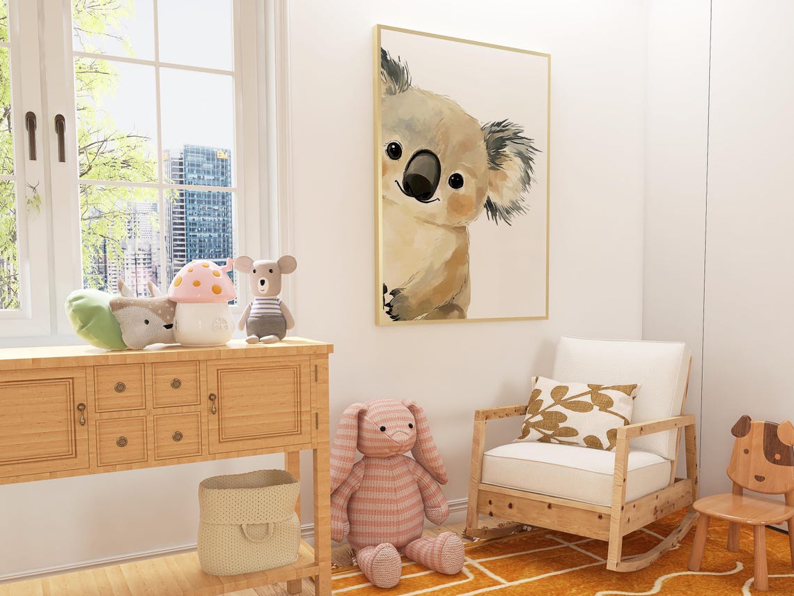 Cute Smiling Watercolor Koala Nursery Wall Art Fluffy Baby Animal - Image 2