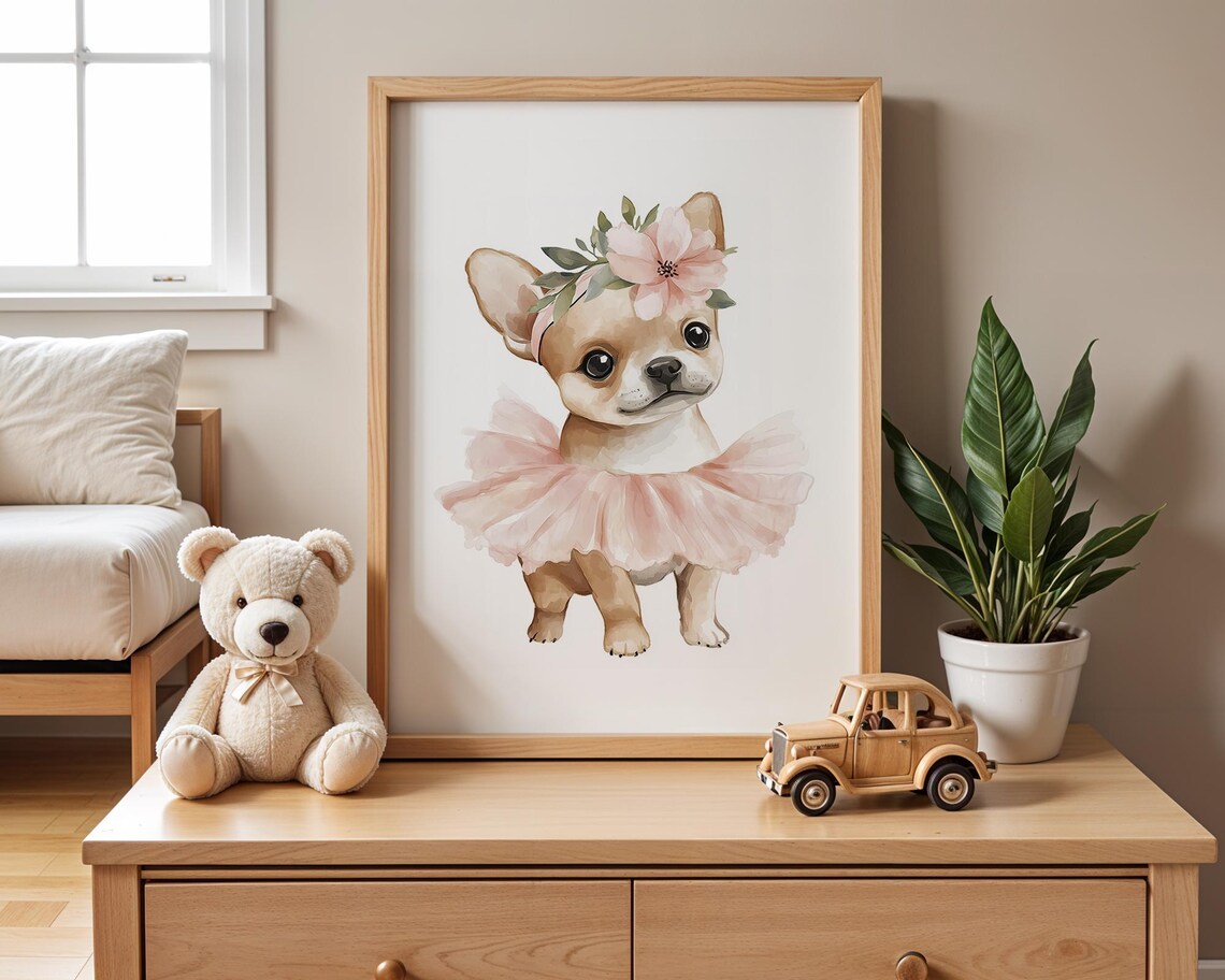 Darling Ballerina Chihuahua Watercolor Nursery Wall Art Pink Tutu