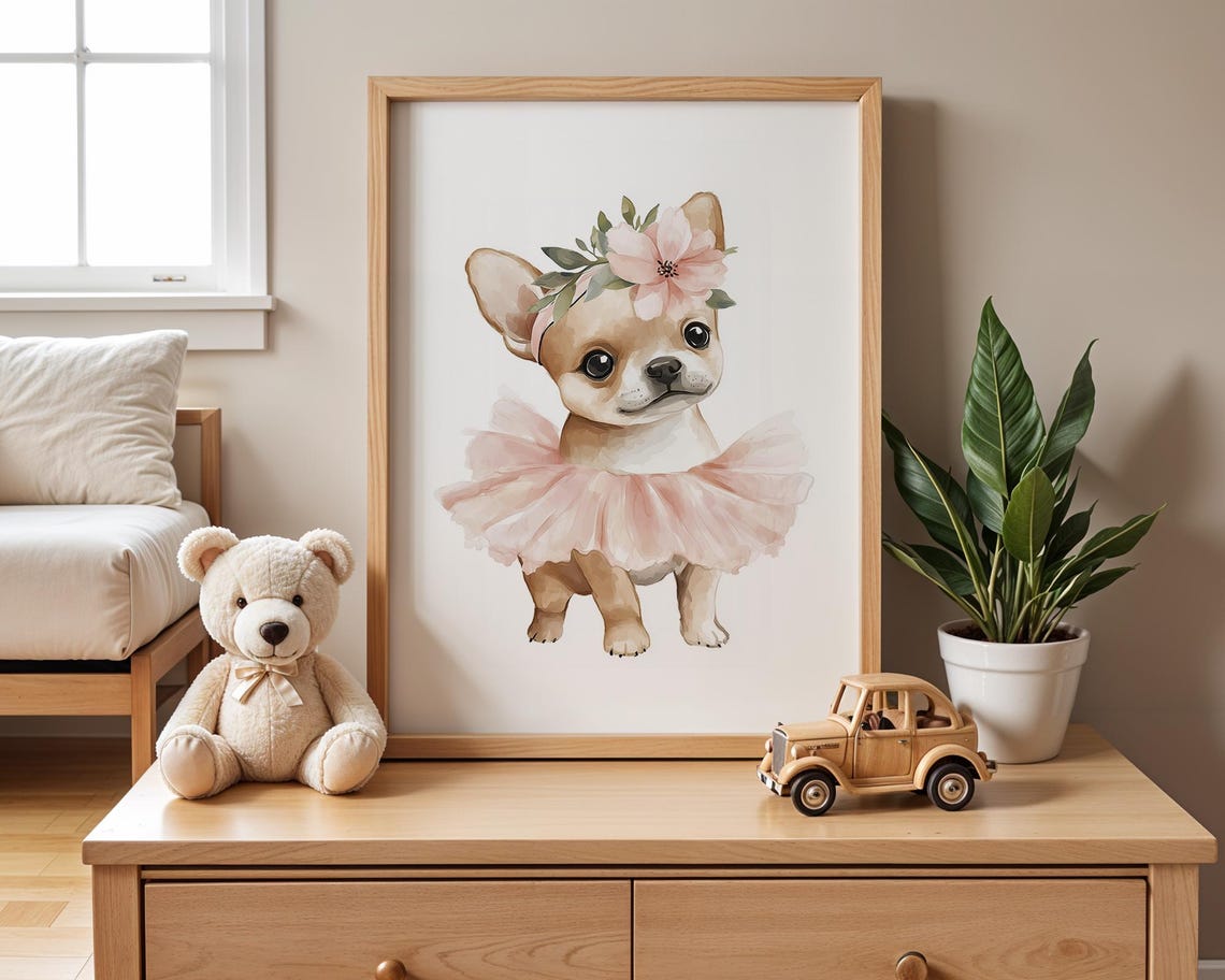 Watercolor Puppy Dog Wall Art Ballet Puppy Wall Decor Pink Tutu Puppy Art Ballerina Puppy Art Trendy Print For Kid Nursery Decor