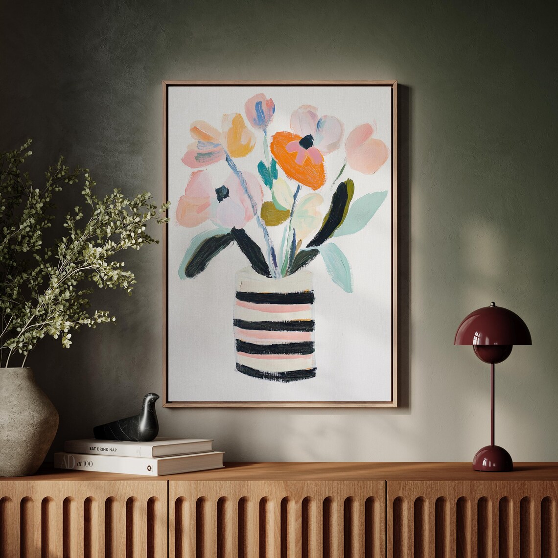 Airy Pastel Wildflowers in Striped Vase Modern Floral Wall Art - Image 5