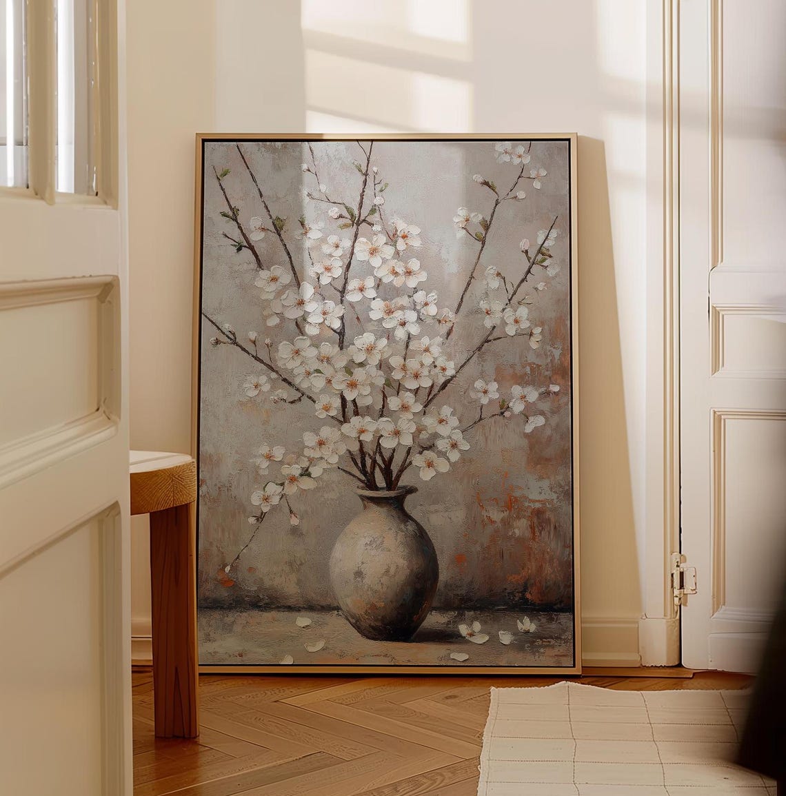 Floral Painting Wall Art Vintage Floral Painting Cherry Blossom Wall Art Classic Still Life Elegant Flowers Art Textured Painting